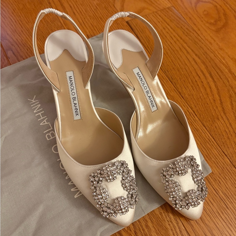 Manolo Blahnik Ivory Heels with Crystal Embellishments